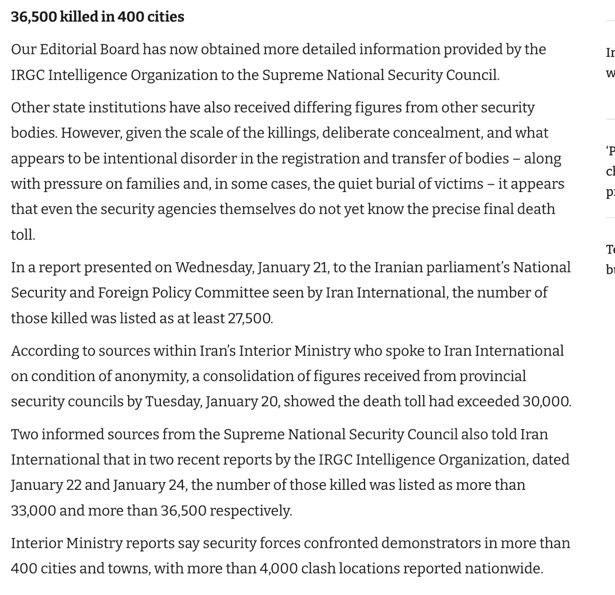 Faytuks's tweet photo. A report from the IRGC Intelligence Organisation from January 24 put the number of those killed as more than 36,500, sources from the Supreme National Security Council tell Iran International 

This is the deadliest two-day protest massacre in history

https://t.co/yR3SSdl4VX https://t.co/x1yHgcqDC5