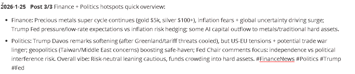 vic82837085's tweet photo. **2026-1-25   Post 3/3** Finance + Politics hotspots quick overview:
- Finance: Precious metals super cycle continues (gold $5k, silver $100+), inflation fears + global uncertainty driving surge; Trump Fed pressure/low-rate expectations vs inflation risk hedging; some AI capital https://t.co/AScSSVQUVk