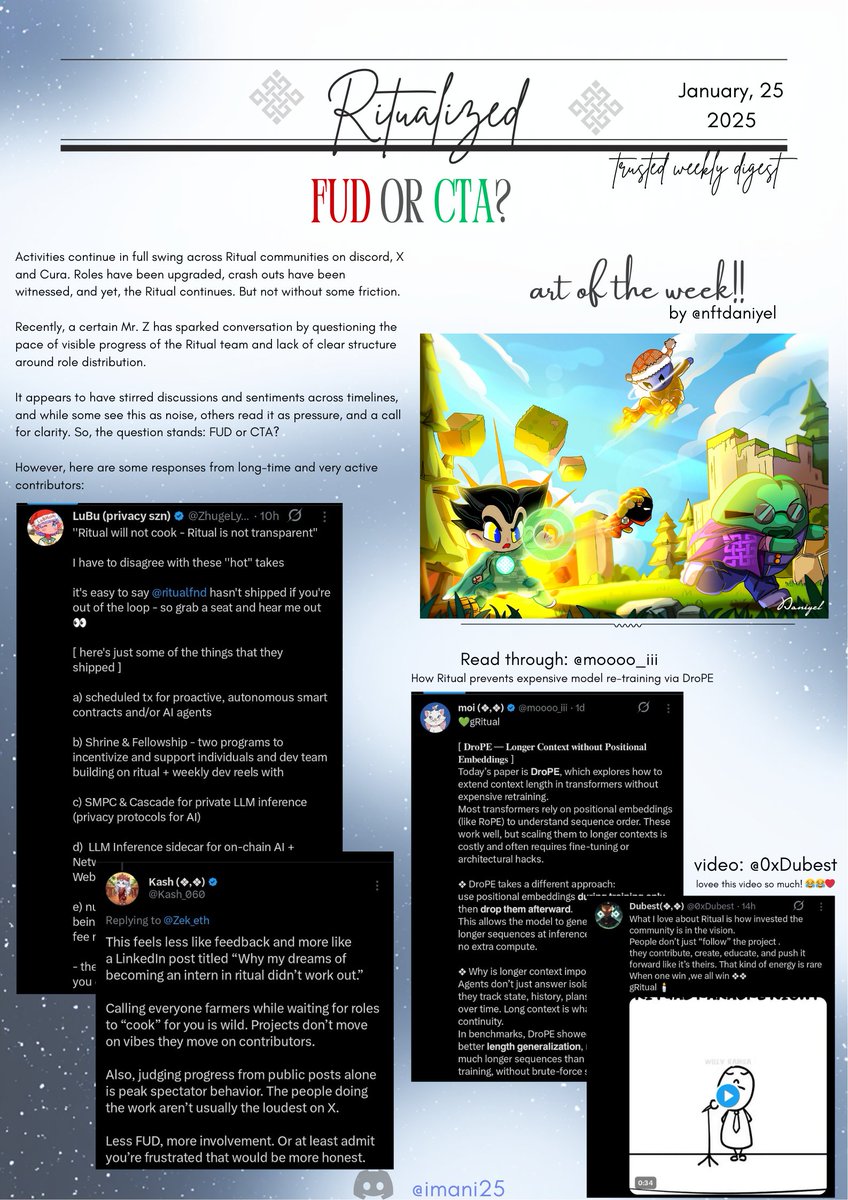 Ritualized #14 with <a href="/ritualnet/">Ritual</a>

✓ Full <a href="/ZhugeLyang/">LuBu (privacy szn)</a>'s response here x.com/i/status/20151… 

✓ aotw: <a href="/nftdaniyel/">Daniyel (❖,❖)</a>

✓ video: <a href="/0xDubest/">Dubest(❖,❖)</a> x.com/i/status/20151… 

✓ read through: <a href="/moooo_iii/">moi (❖,❖)</a>'s paper on DroPE. x.com/i/status/20147…

Stay updated and Ritualized! ❖