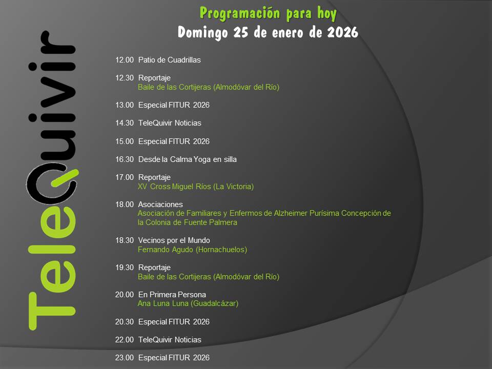 Programación para hoy 25 de enero en TeleQuivir.
Recuerda que puedes ver la televisión de la comarca en abierto en la TDT HD, y si vives fuera de ella, online en nuestros canales de Youtube y Twitch. ¡Suscríbite!
youtube.com/@telequivir/li…
twitch.tv/telequivir