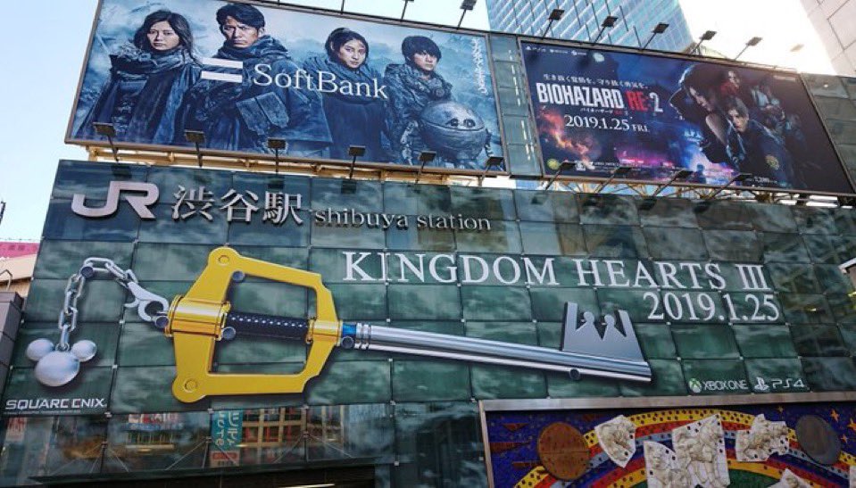 Kingdom Hearts 3 and Resident Evil 2 Remake billboards above Shibuya station in 2019!

Both released exactly 7 years ago!