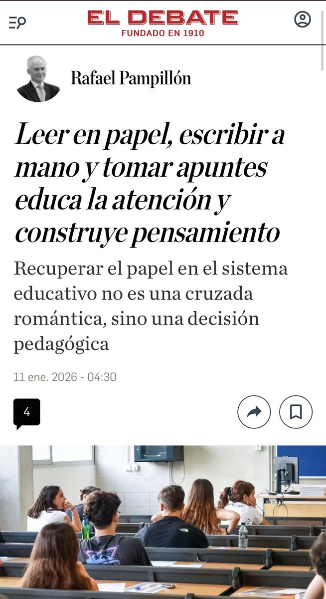 sanz_ismael's tweet image. 📚 Leer en papel, escribir a mano y tomar apuntes no es nostalgia: educa la atención y construye pensamiento.
Las pantallas interrumpen; el papel exige continuidad, lentitud y esfuerzo.
Sin atención sostenida no hay aprendizaje profundo @Rafaelpampillon eldebate.com/economia/20260…