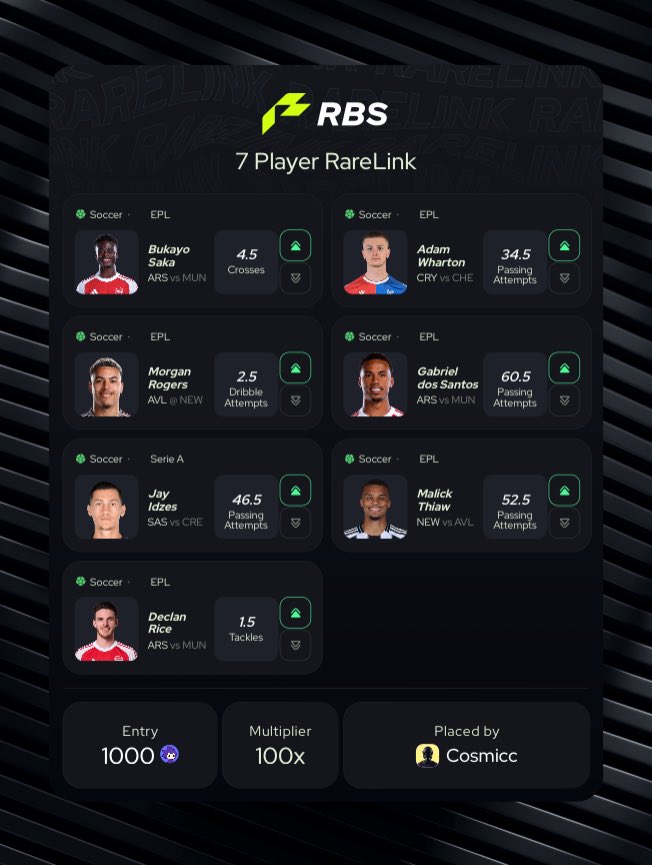 Mega 100x EPL x Serie A parlay on <a href="/RareBetSports/">RareBetSports</a> 

These look so good on paper, can’t wait for the first player to ruin it