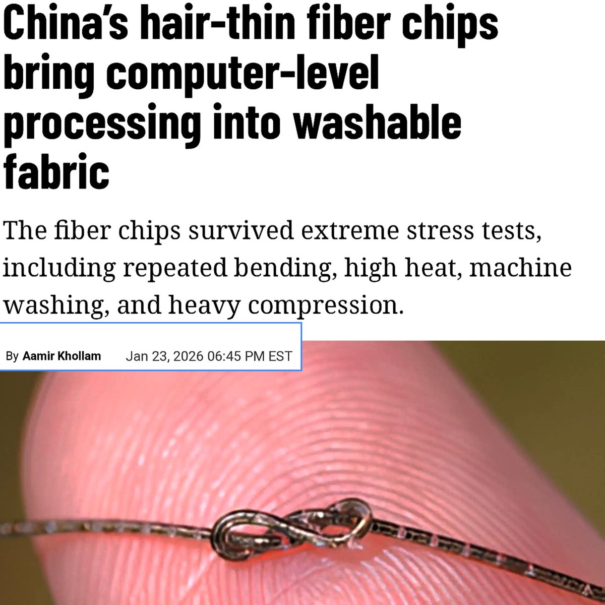 SciTechera's tweet image. This is insane.

Chinese scientists just built fully functional semiconductor chips as thin as a human hair and they bend, stretch, and twist like fabric.

The team developed fiber integrated circuits (FICs), where transistors, diodes, resistors and capacitors are embedded inside…