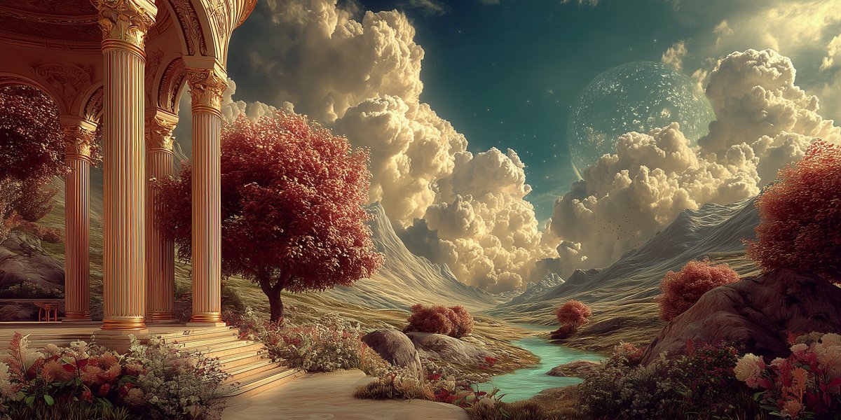 MuseionObsessed's tweet photo. Dreaming of impossible gardens 🌸✨

A classical temple overlooking an alien paradise—crimson trees, turquoise rivers winding through rolling hills, and a massive planet rising through billowing clouds.

This is the quiet corner of the universe where philosophers go to think.

#artworks #musa #ethereum