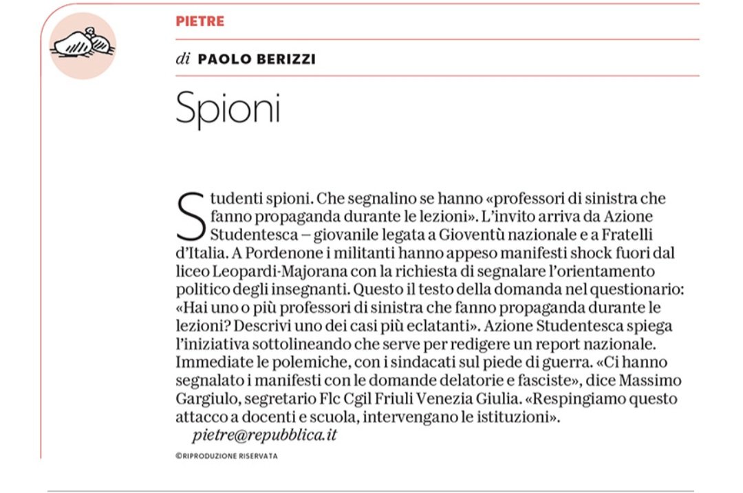 "Hai uno o più professori di sinistra?". Il questionario delatorio dei neofascisti di Azione Studentesca che invitano gli studenti a fare gli spioni. Pordenone, Italia, 2026. La scuola ai tempi del melonismo.

#pietre 
<a href="/repubblica/">Repubblica</a>