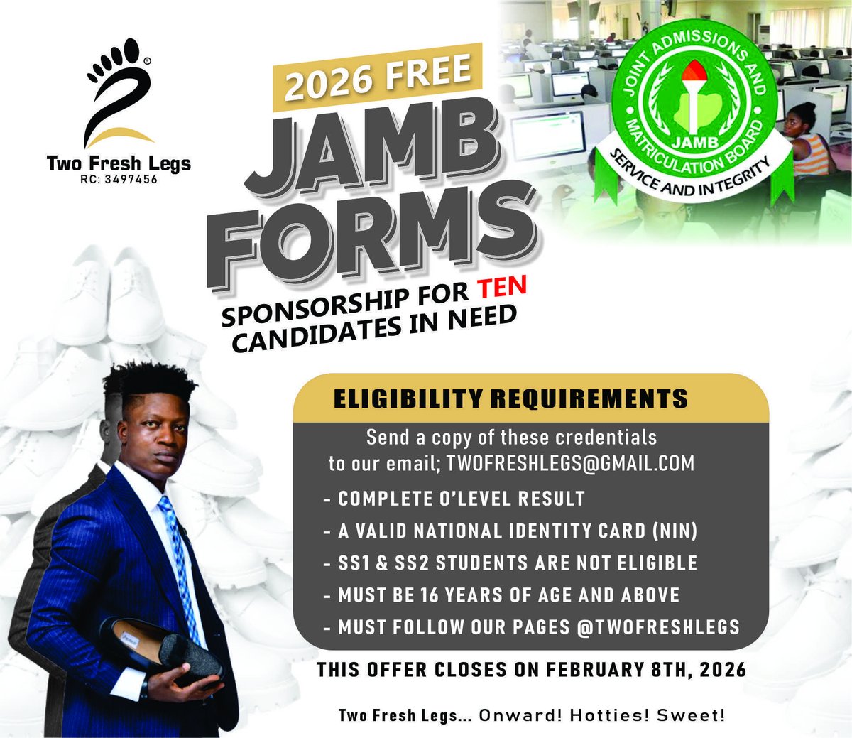 twofreshlegs's tweet image. Free JAMB FORM! Kindly repost for anyone in real need of this to apply. Closes Feb. 8th 2026, #TFL 👞👞