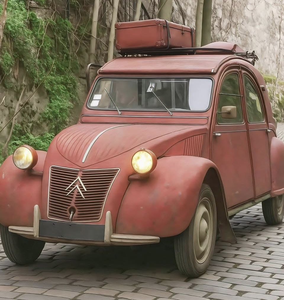 Segnata dal tempo, con la vernice opaca e i segni di mille strade percorse, ma ancora lì, pronta a ripartire. La 2CV non invecchia: accumula storie. Valigie sul tetto, strada davanti, nessuna fretta di arrivare. È l’idea stessa di avventura semplice, quella fatta di chilometri