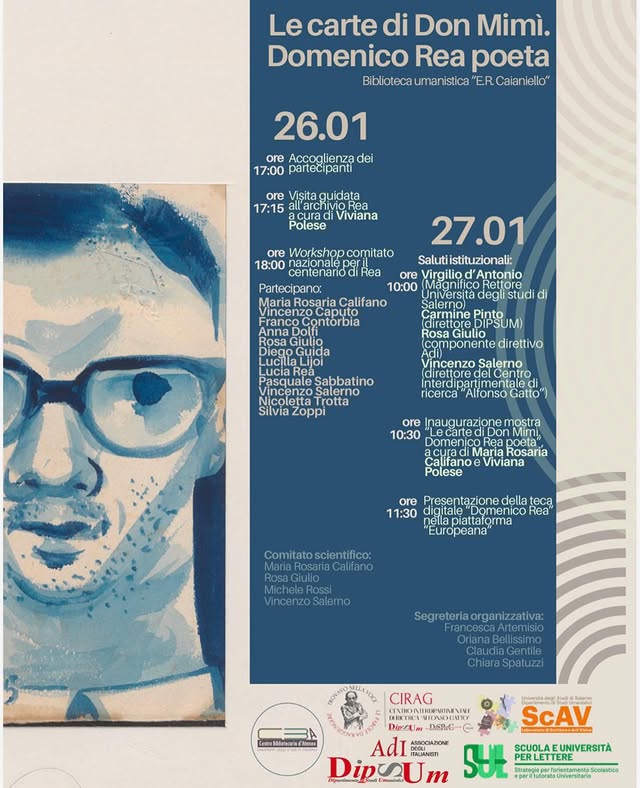 #eventinbiblio 📚”Le carte di don Mimì. Domenico Rea poeta”
📍Biblioteca umanistica “E. R. Caianiello” <a href="/UniSalerno/">Università Salerno</a>
📅 26–27 gennaio 2026
Due giornate di studio dedicate a Domenico Rea per riscoprirne l’opera attraverso manoscritti, documenti personali e materiali d’archivio.