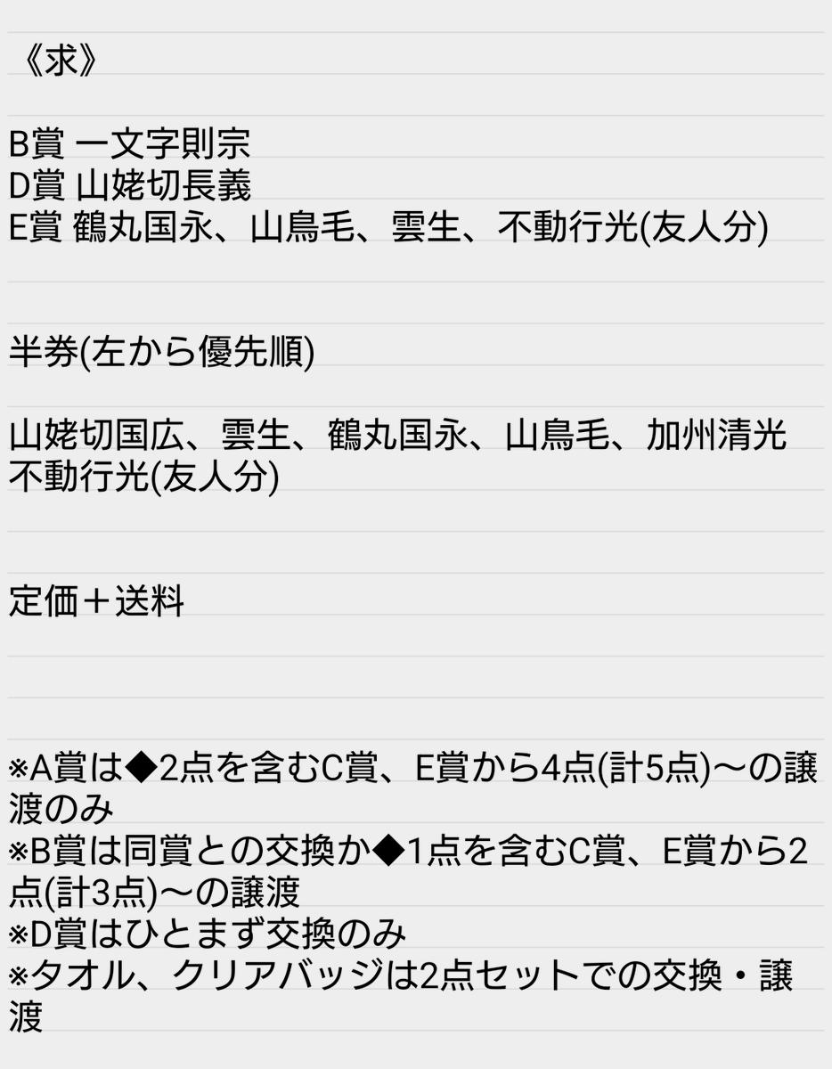 刀剣乱舞 フリューくじ ぽちくじ 御伴散歩

【交換・譲渡】

《譲》
画像①景品(クリアバッジ実休の隣は京極です💦)、画像②半券

求と条件は3枚目をご確認ください