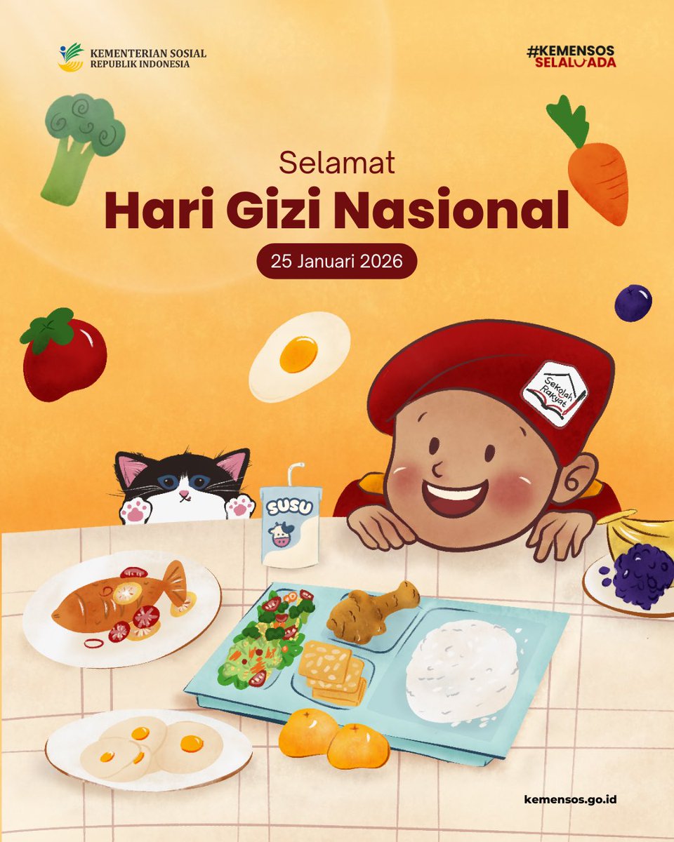 KemensosRI's tweet photo. Selamat Hari Gizi Nasional 2026 🥗

Pemanfaatan pangan lokal tidak hanya memperkuat ketahanan pangan, tetapi juga menjadi kunci pemenuhan gizi seimbang bagi keluarga Indonesia. https://t.co/5sLDq9XKvo
