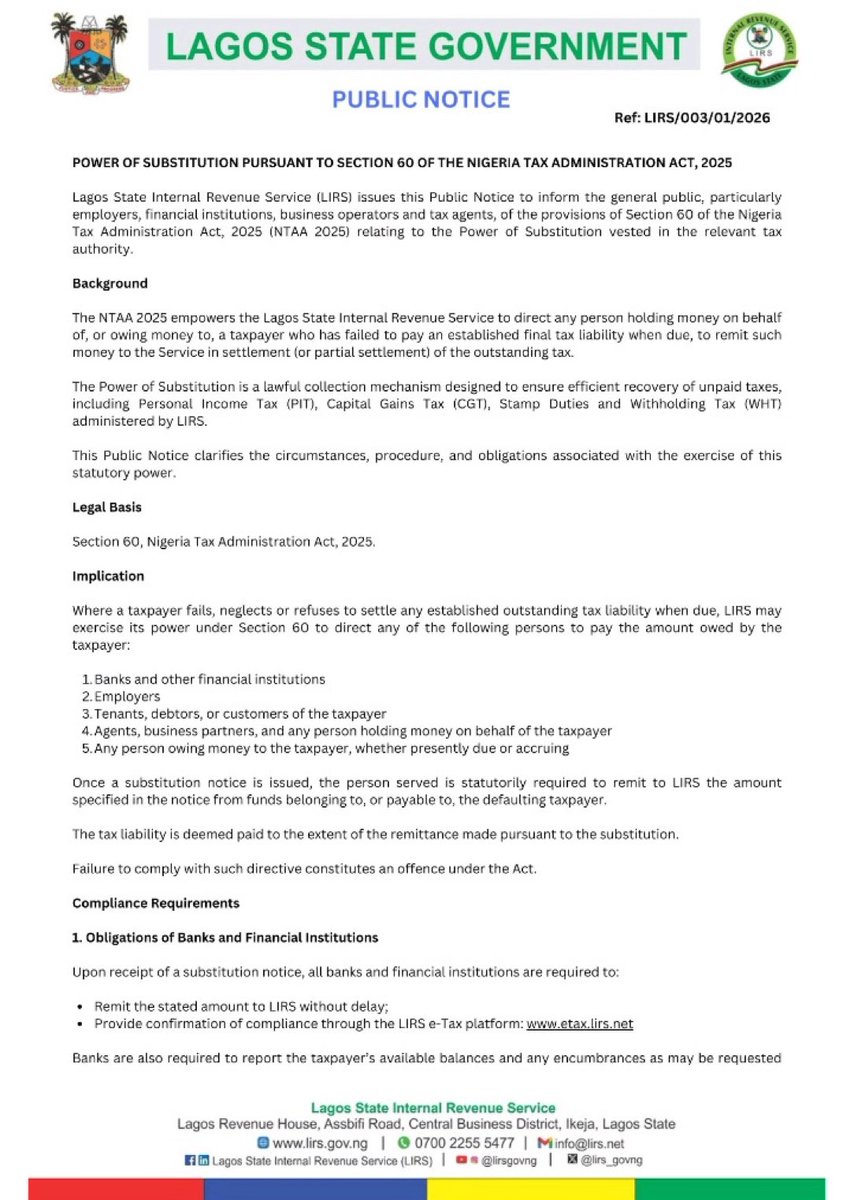 NajeebAdamu1's tweet image. Lagos State Government has taken the lead in the Enforcement of the Tax Laws. Abuja will be next and before you know it, all states will issue this kind of notice.

I read the laws line by line, I saw it coming but @taiwoyedele kept coming to the TV stations to say that your…
