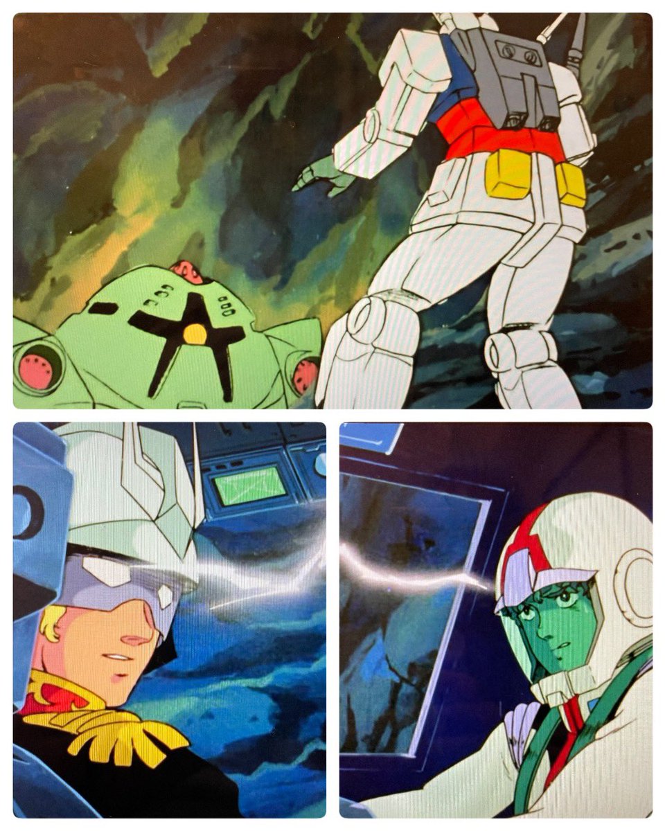 harmonica_pop's tweet image. 劇場版ではカットされたゾックとの戦闘シーン(上)。その代わりに差し込まれたのがあのニュータイプの脳波を発するおなじみの描写。TV版では宇宙に上がってからだったが。
#ガンダム #安彦良和