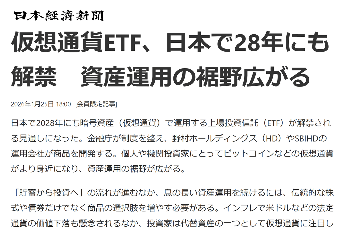 2028年、日本初のビットコインETFが誕生する見通しが発表されました🇯🇵 金融大手の野村ホールディングスとSBIホールディングスの運用会社が商品を開発します。  法定通貨の価値下落が懸念されるなか、代替資産の一つとして仮想通貨（暗号資産）が注目されています
