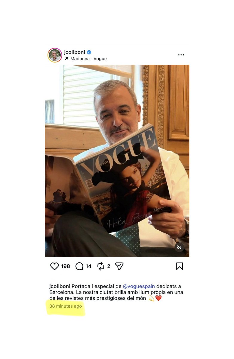 La reacció de l’alcalde de Barcelona al caos de Rodalies és una foto a Instagram fa 38 minuts mirant una revista de Voge 🤗