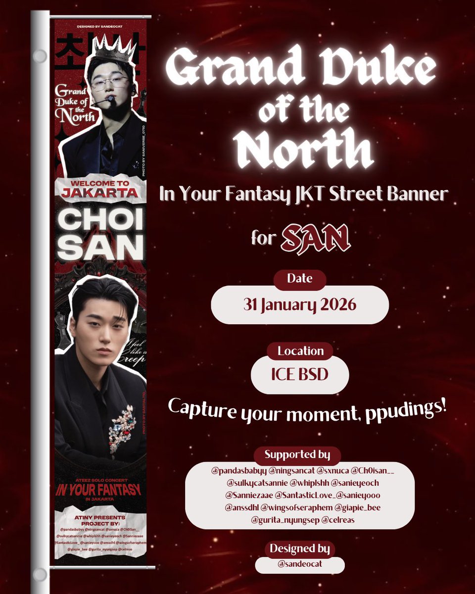 sxnuca's tweet image. Choi San Street Banner Project
ATEEZ In Your Fantasy Jakarta ⋆ ˙ ⟡

By Indonesia San stans for #CHOISAN 💜

🗓️ January 31st, 2026
📍ICE BSD

Capture your moment with our banners! 👑🍓

#ATEEZ #ATEEZinJakarta 
#InYourFantasyinJakarta
