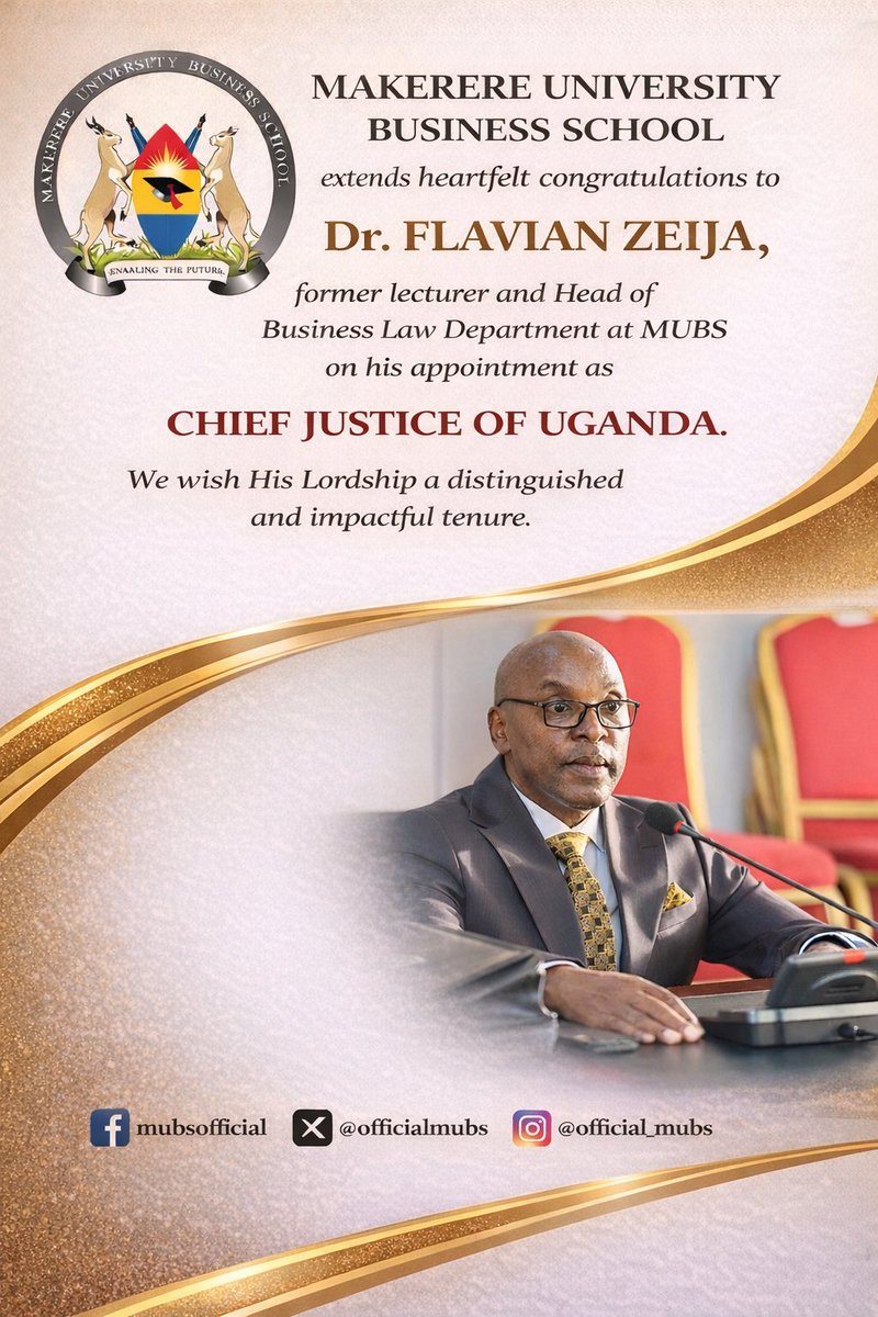 OfficialMubs's tweet photo. Congratulations to our very own Dr. Flavian Zeija on his appointment as Chief Justice of Uganda.
@JudiciaryUG 
@Parliament_Ug 
@GovUganda https://t.co/H2EWEZR2Xk