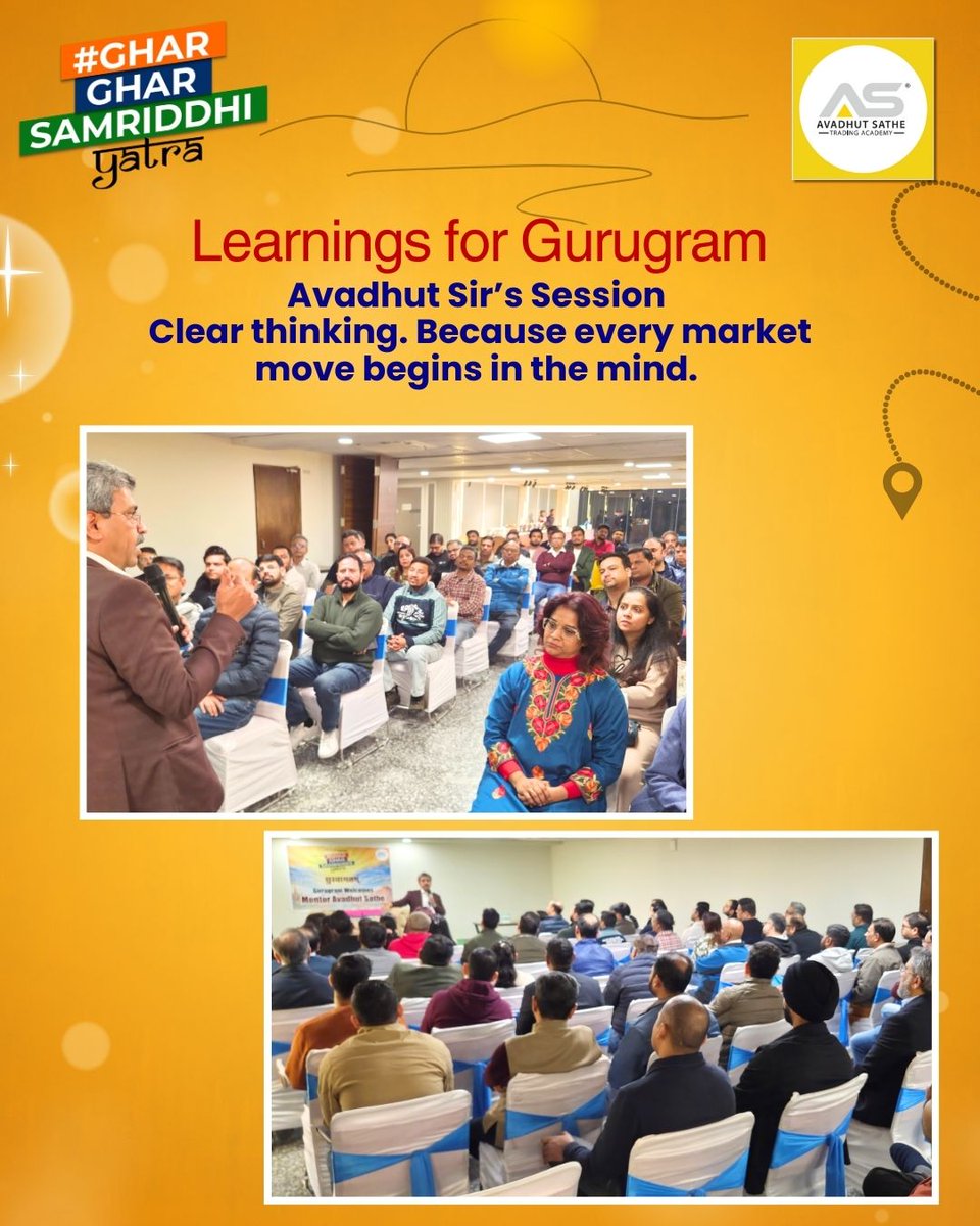 AvadhutsatheTA's tweet photo. Day 8 of the #GharGharSamriddhiYatra - Gurugram ✨

An evening rooted in learning, clarity, and collective purpose.
Avadhut Sir shared practical insights for city traders, while the room filled with thoughtful questions, laughter, and shared intent.

 #ASTA #Gurugram #GGSY https://t.co/D3CpnRM6pT