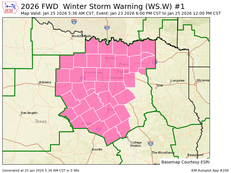 DFWWeatherbot's tweet image. FWD continues Winter Storm Warning till Jan 25, 12:00 PM CST mesonet.agron.iastate.edu/vtec/f/2026-O-…