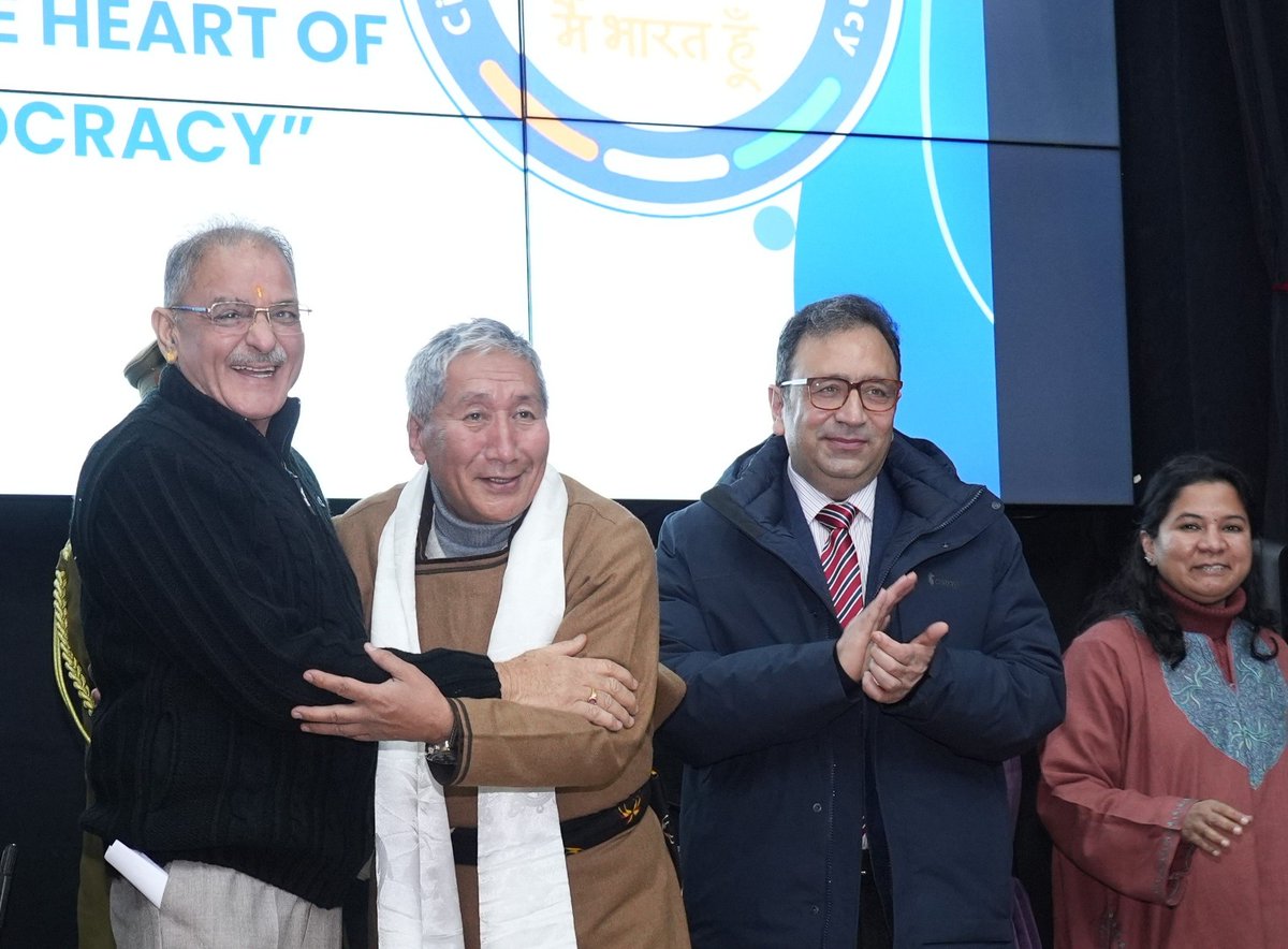lg_ladakh's tweet photo. Lt. Governor, Shri @KavinderGupta today attended the #NationalVotersDay celebration at Leh. He urged first-time voters to register themselves and actively participate in the democratic process by exercising their right to vote whenever the occasion arises.
#nationalvotersday2026 https://t.co/aicCauK335