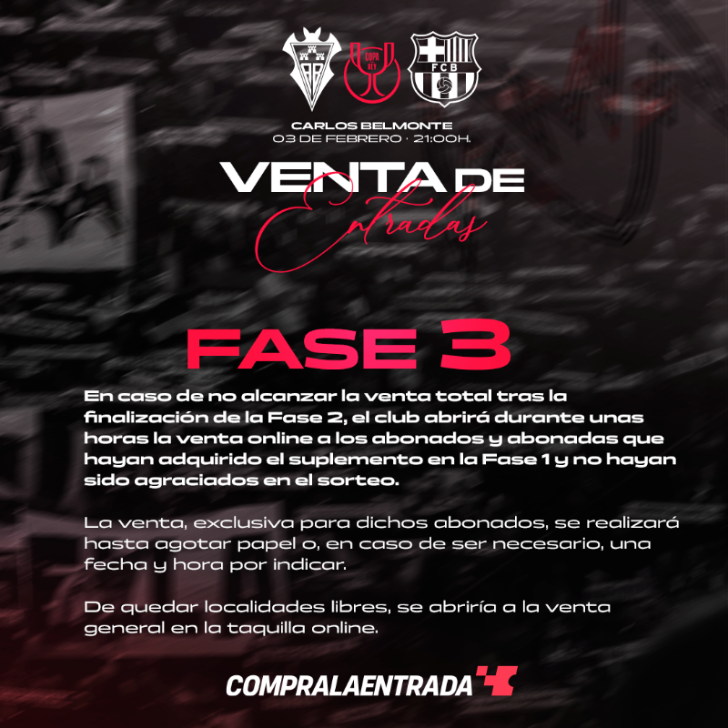 AlbaceteBPSAD's tweet photo. Abonado: cada detalle de 🎟️ para los Cuartos de Final de #CopaDelReyMapfre que arrancará mañana, lunes 26 de enero, a las 10h 🤍🏆

Precios, fechas, fases... 

Todo, aquí 👇🏻