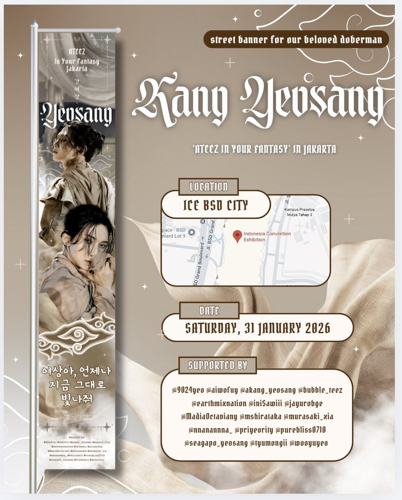 mshirataka's tweet image. Spot our doberman, Kang Yeosang street banner for In Your Fantasy in Jakarta! 

📍ICE BSD CITY
🗓️ Jan 31st, 2026 

capture your best moment and do not forget to tag us 💗

#여상 #YEOSANG #ATEEZInJKT #InYourFantasy_JKT #ATEEZ #에이티즈