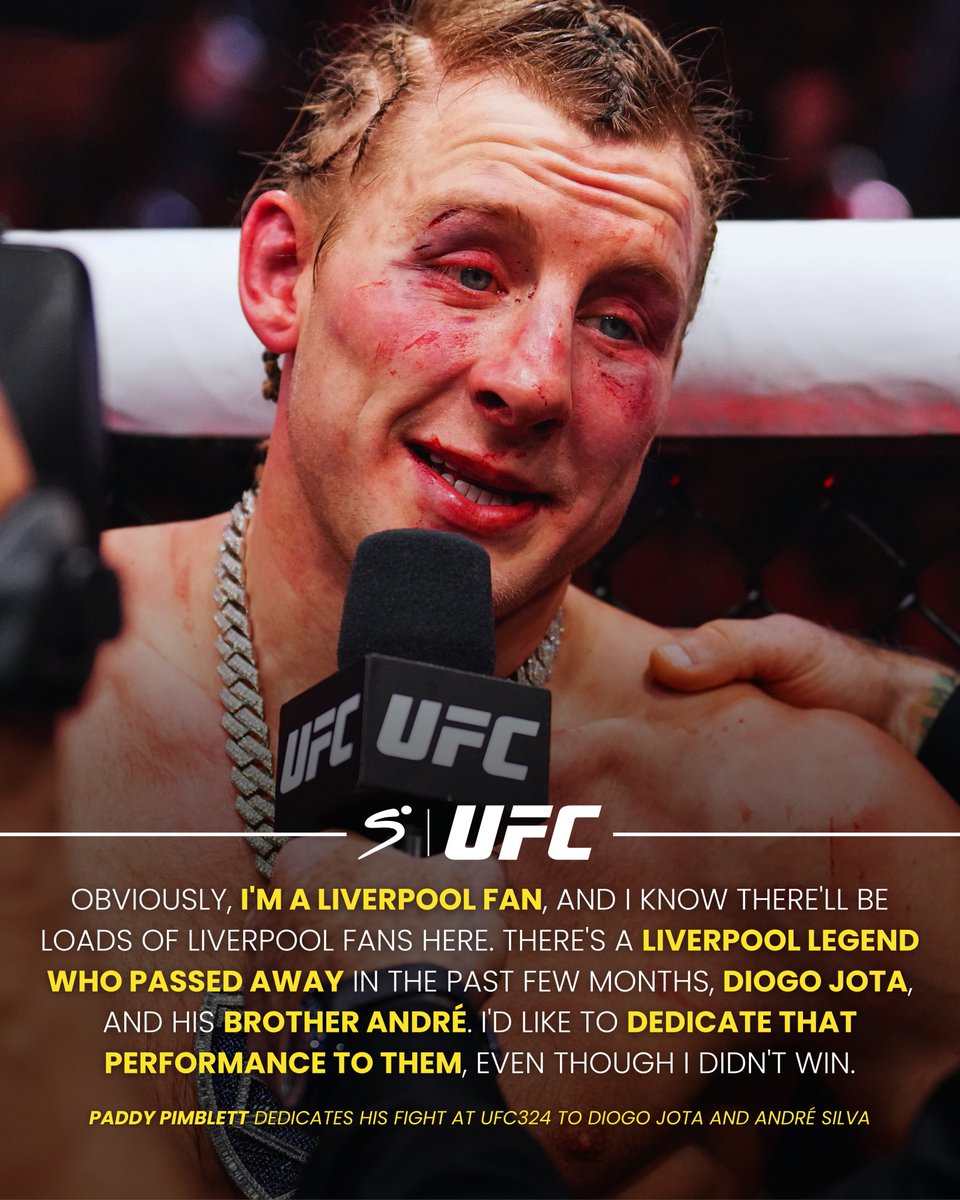 SuperSportTV's tweet photo. Paddy "The Baddy" Pimblett pays tribute to Diogo Jota and AndrΓ© Silva after his defeat at #UFC324 π£οΈπ₯
#SSUFC | #SSPremierLeague https://t.co/nZkP5YC1ZB