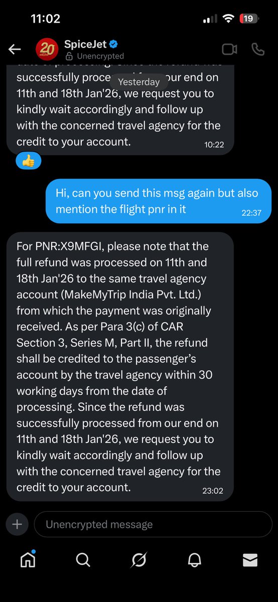 klokesh748's tweet photo. This isn’t making any sense, when @flyspicejet has already processed the full refund on 18 Jan, a week ago, but @goibibo says they haven’t received it.
Irrespective of who’s at fault here the victim is clearly the customer!
I need an explanation @goibibo @flyspicejet https://t.co/aQLY7L61Hp