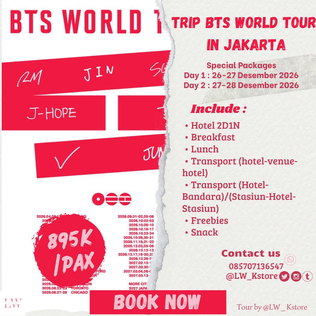 OPEN TRIP BTS WORLD TOUR  IN JAKARTA 2026

💜 SPECIAL PACKAGES 

Army yang dari luar pulau ataupun luar jawa bisa join juga trip disini yaa, gausah bingung masalah akomodasi dll kalian tinggal nikmatin konsernya aja🌟

Tags wts wtb bangtan tiket jatim jateng janar #BTS_WORLDTOUR