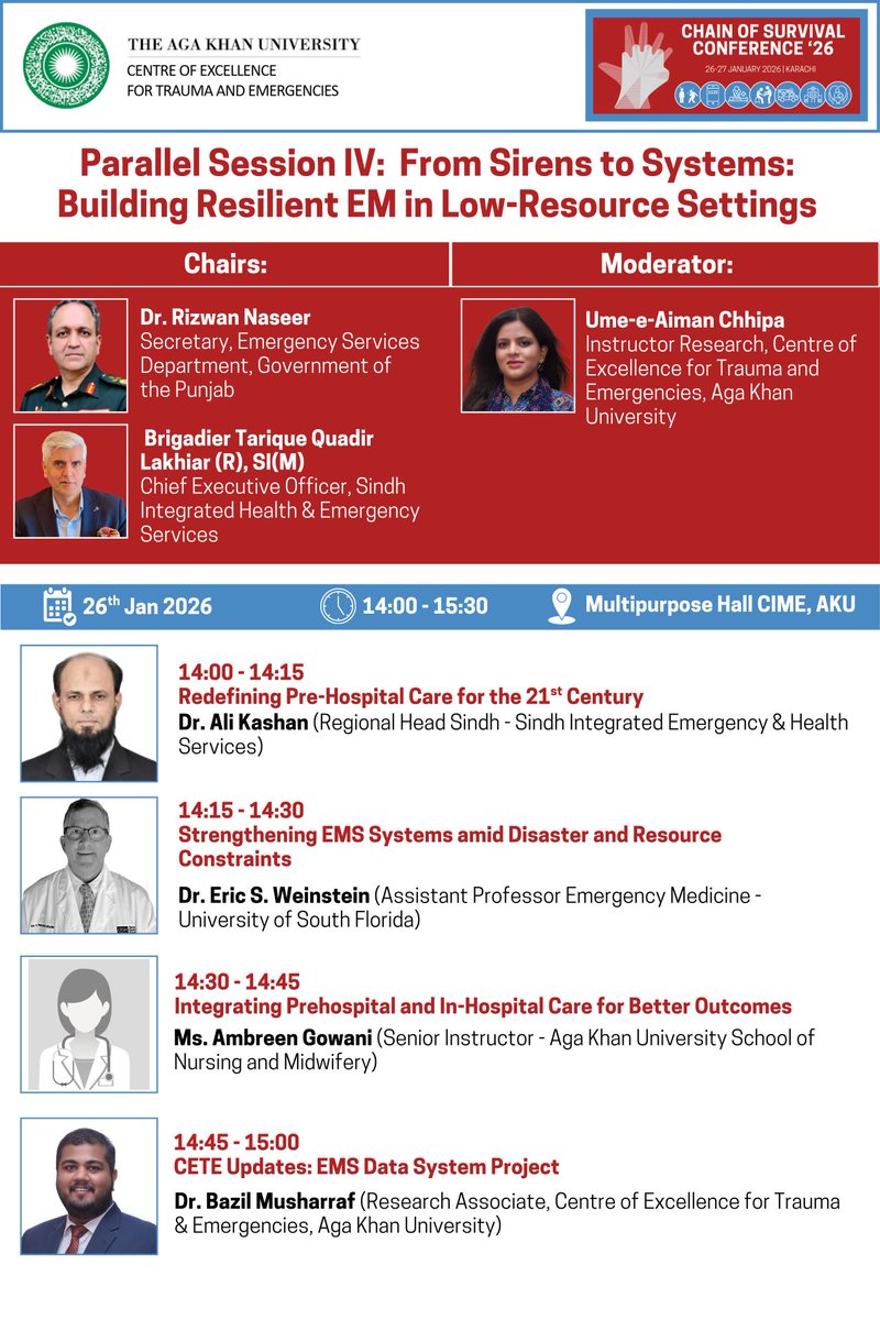 siehspk's tweet image. SIEHS is proud to be part of the Chain of Survival Conference 2026, with our CEO Brigadier Tarique Quadir Lakhiar (R), chairing Parallel Session IV on building resilient emergency medical systems.

@AKUGlobal  

#SIEHS #TraumaCare #ChainofSurvivalConference #session #emergency