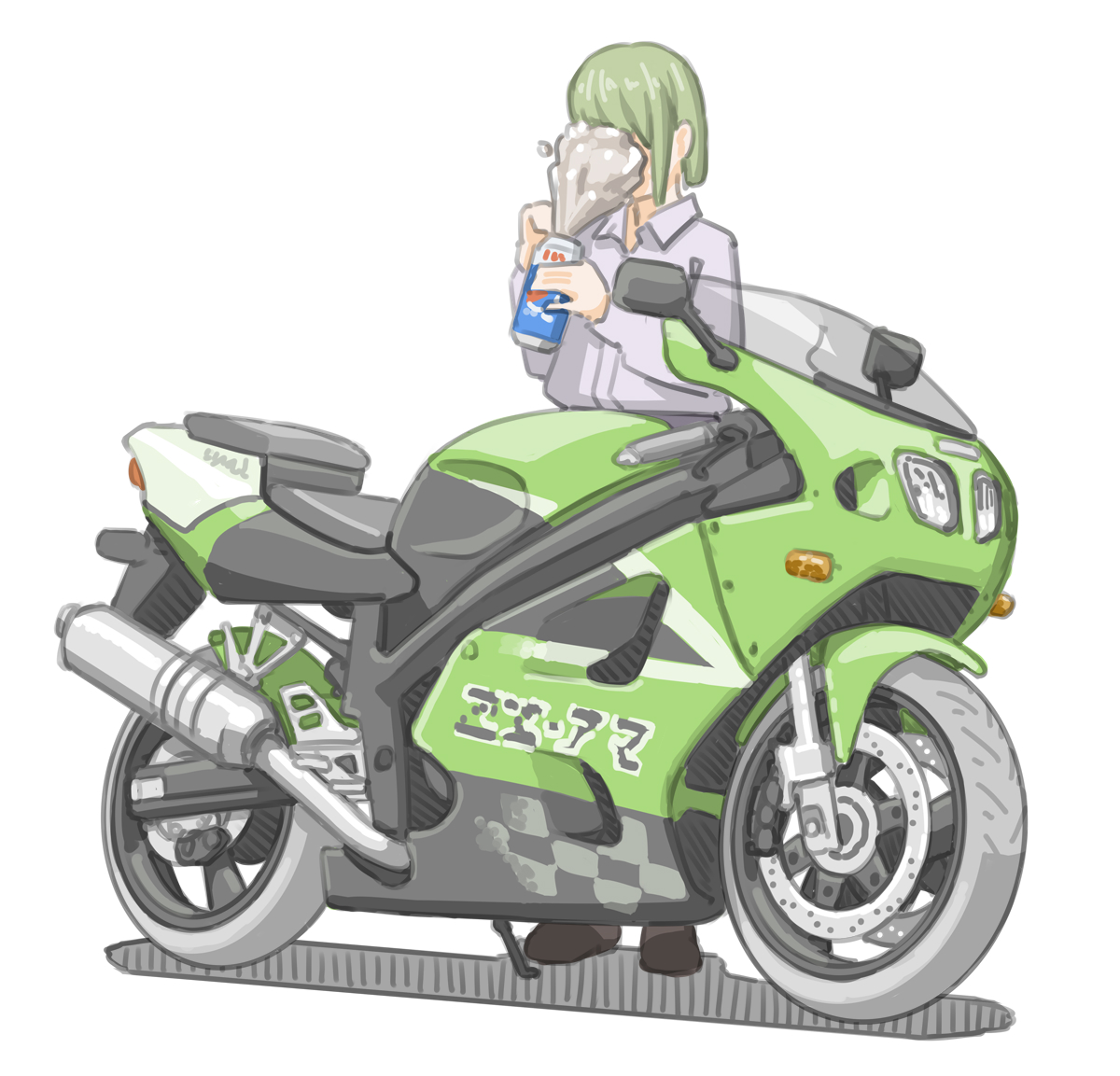 「コーラ高圧洗浄で洗顔する女子です。 (カワサキ Ninja ZX-7R)【再掲】」|きわみらい@バイクJKのイラスト描きのイラスト