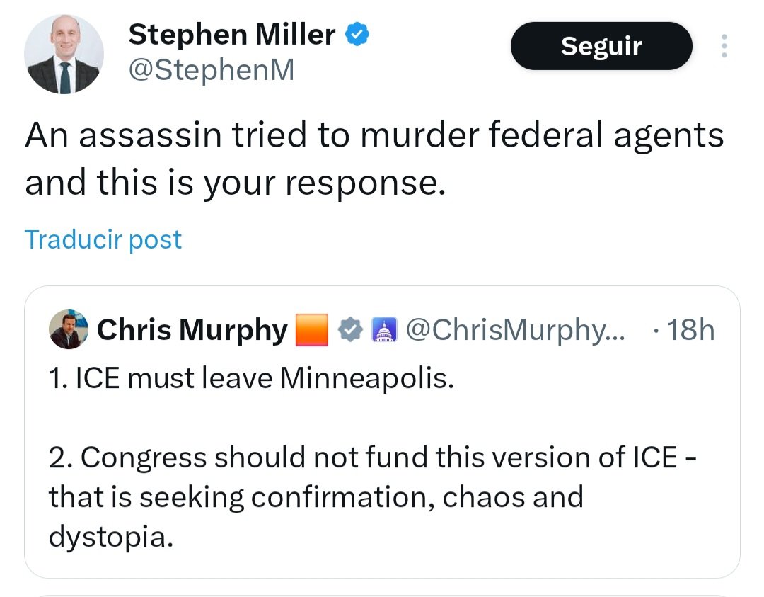 RodRettig's tweet photo. Lo más delirante del crimen cometido por la dictadura de Donald Trump, través de su Gestapo 2.0, no es solo el asesinato en sí, sino el relato posterior. 

Autoridades del Estado calificando como “terrorista”, “asesino” y “agitador de izquierda” a un enfermero, cuidador de veteranos de guerra de su propio país, cuyo único “delito” fue proteger a dos mujeres.

Ese es el punto exacto en que el poder deja de mentir para gobernar y empieza a mentir para matar.

Que carguen con ello Trump, Miller, Vance y todos los sociópatas, psicópatas y terroristas de Estado que normalizan esto mientras se envuelven en la bandera y hablan de orden.