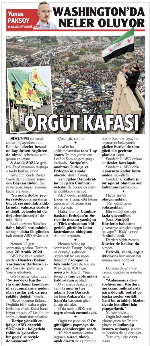 ÖRGÜT KAFASI

SDG/YPG sempatizanları ağlayadursun… Ben size “devlet hevesine kapılırken örgütten de olma” sebebinin röntgenini çekeyim.
 
8 Aralık 2024’e gidelim. Esad rejiminin düştüğü o tarihi kırılma anına.
 
Aynı gün içinde Beyaz Saray’dan dünyaya seslenen Başkan Biden,