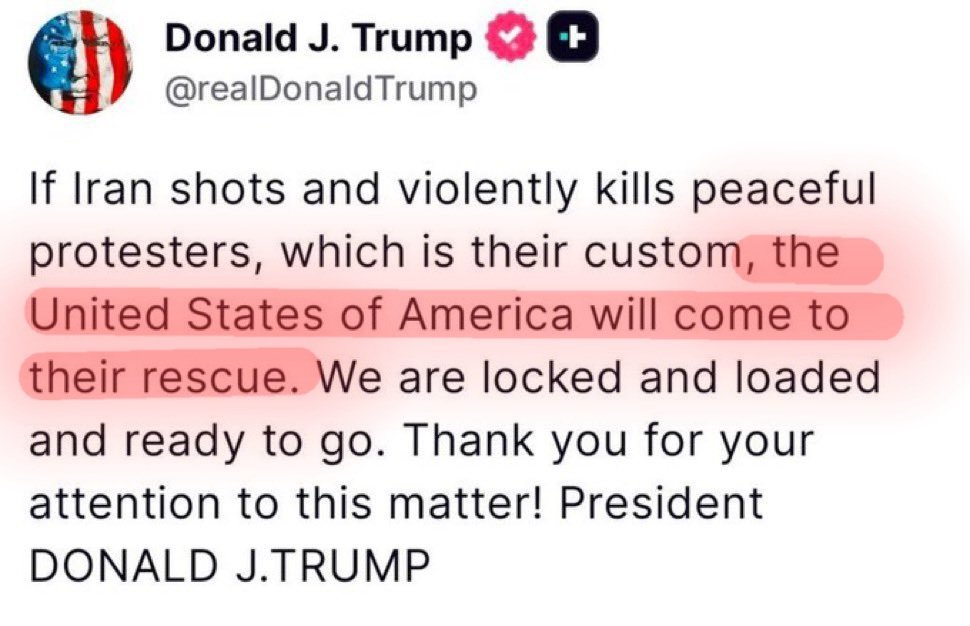 Me_Hamed_Myself's tweet photo. Tens of thousands of people who saw this message were massacred, and mass arrests and executions are still taking place today, and there is still no "Rescue".
Whatever it was, definitely it wasn't "Locked and Loaded and Ready to go" @POTUS
#IranMassacre https://t.co/uBi2IyaOfb