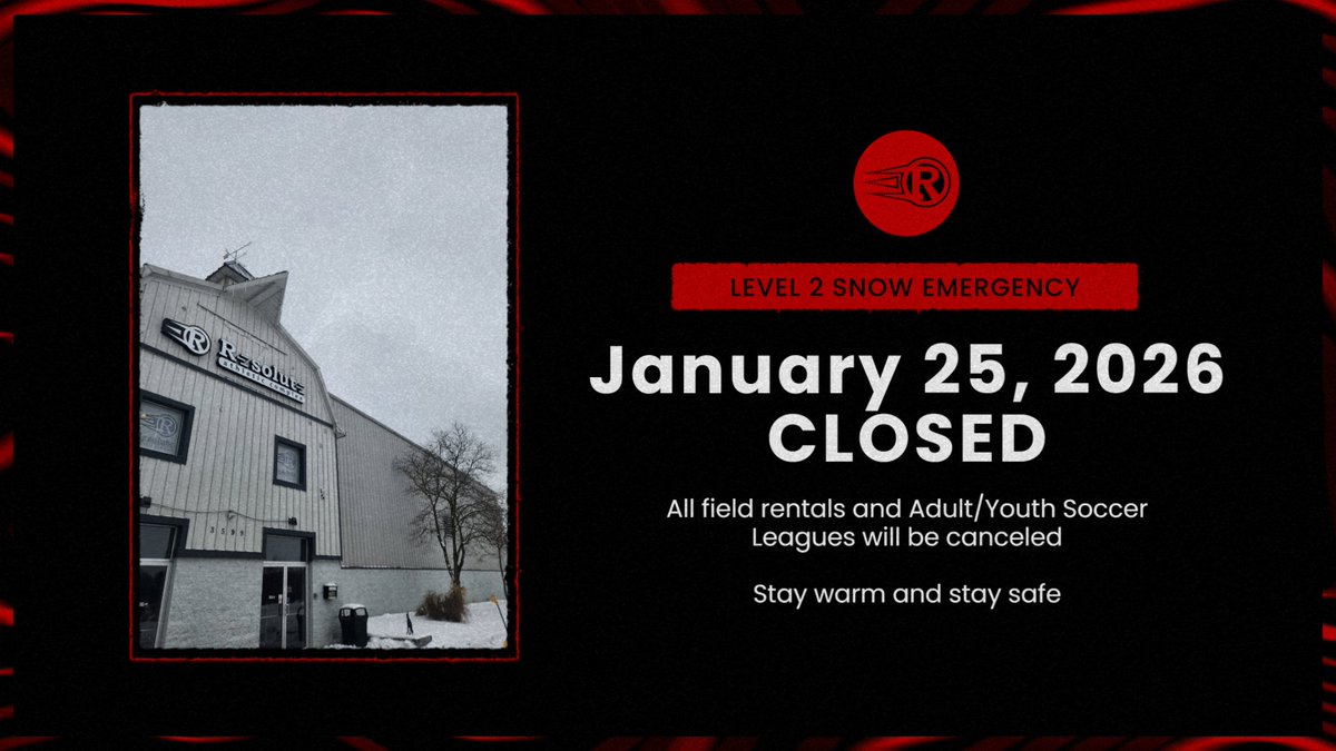 Resolute Athletic Complex will be closed today due to a Level 2 Snow Emergency. Captains/Coaches, please be sure to communicate with your teams. All field rentals are canceled as well. Stay safe and stay Warm! Thank you.