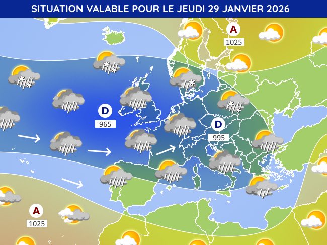 MeteoExpress's tweet photo. ☔️ Cette dernière semaine de janvier sera agitée avec un flux océanique dépressionnaire amenant des précipitations abondantes. Plus d’infos au https://t.co/XEnX2p8HEk https://t.co/fUfBEGTi5M
