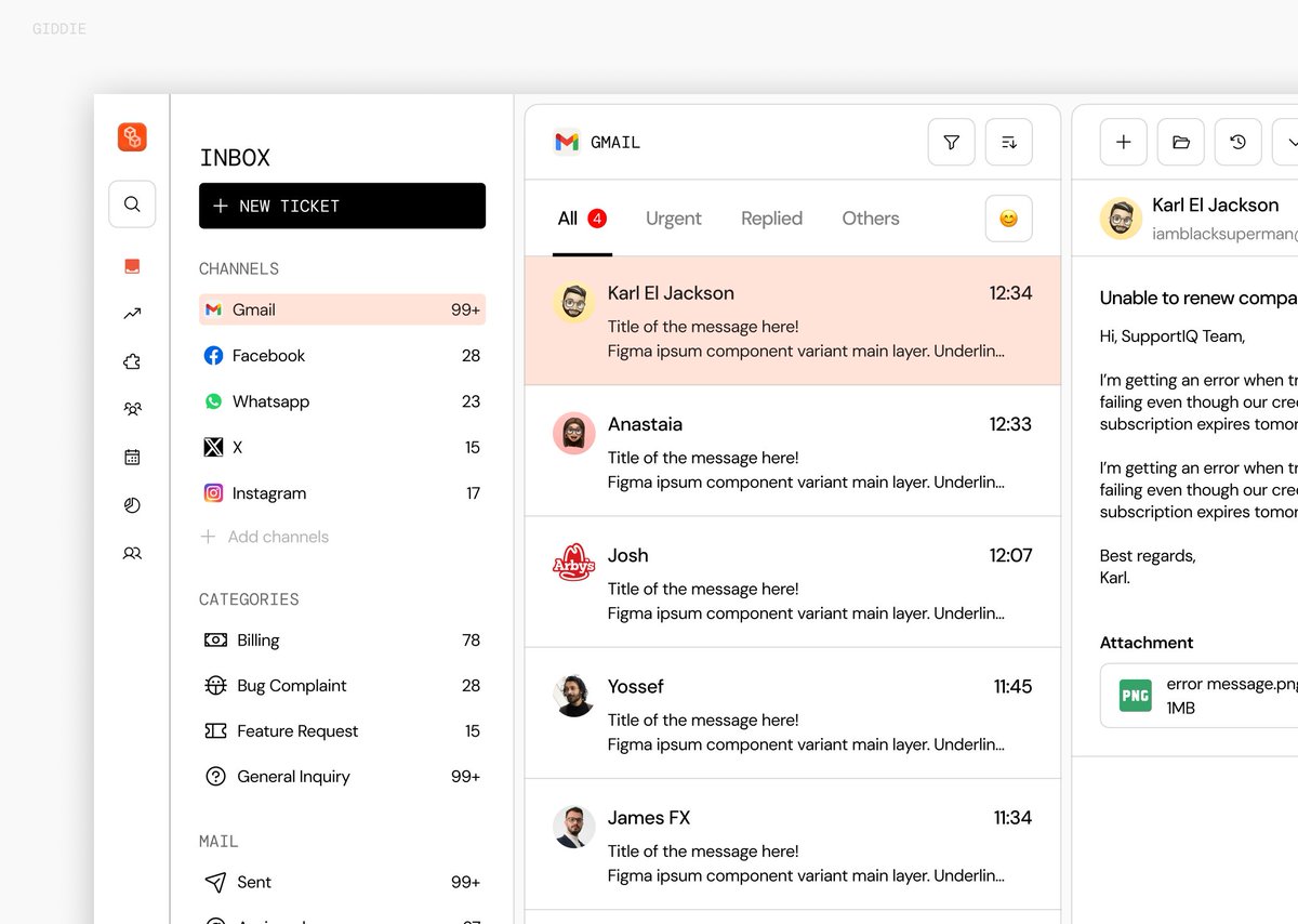 _gide_on's tweet photo. Made this inbox dashboard for a ticket support system powered by AI, I was part of a hackathon team and revamped the whole look from what I previously made.

#figma #dashboard #madeinfigma https://t.co/XElcM0B9K2