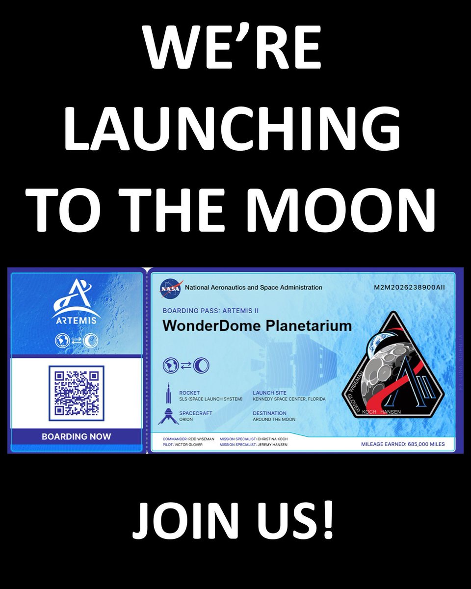 WonderDome1's tweet photo. Artemis 2 launches VERY soon.
The first launch window opens next week.
Read all about the mission in our blog: https://t.co/vUnAxs59V6
And how to launch yourself to the Moon!
We’ve got our boarding pass. Will you join us?

#spaceblog #artemis2launch #spacefacts https://t.co/fGO9stS6WR