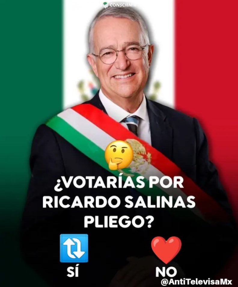 JORDELAS1's tweet image. ¿Votarías por el corrupto “dueño" de Tv Azteca, Ricardo Salinas Pliego, para Presidente de México? 

🔃 Sí

❤️ No