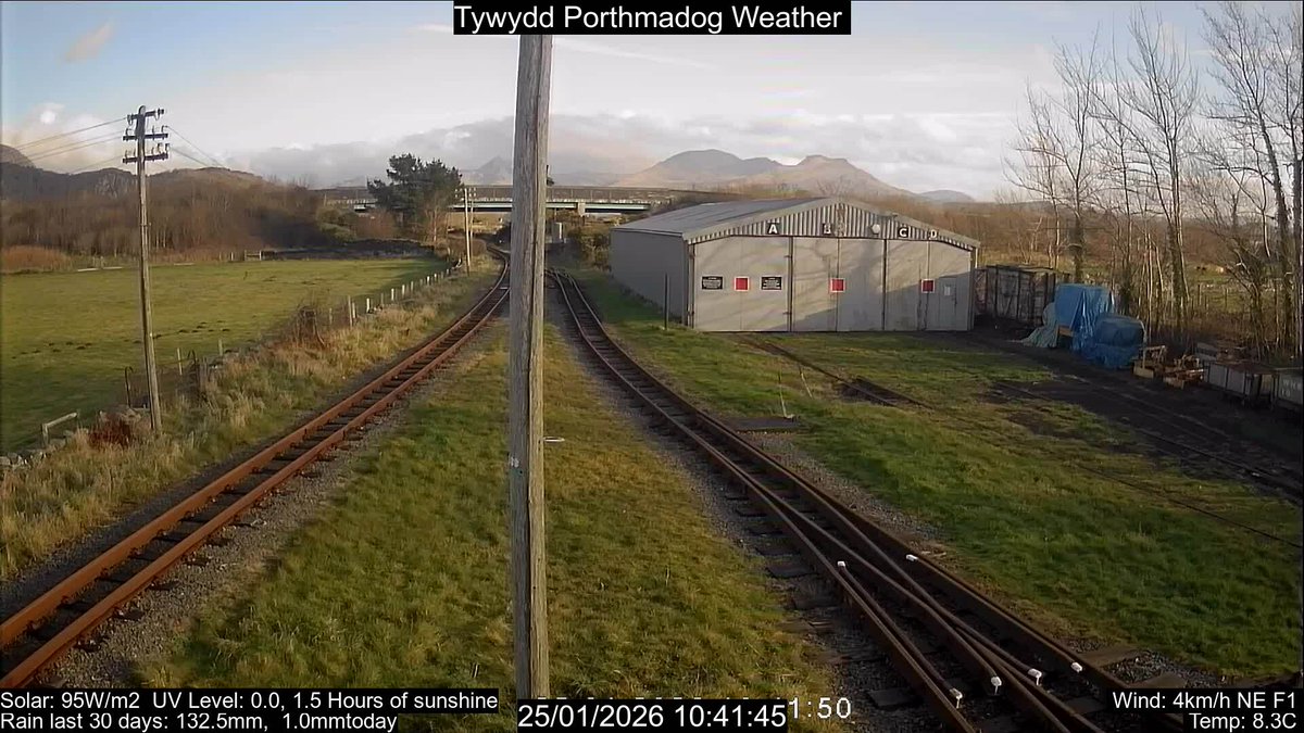 PortWeather's tweet image. From the #Porthmadog Weather Station: Wind 3km/h NNE. Gust 13km/h. Pres. 993.9mb Rising. Temp. 8.2C. Rain Today 1.0mm. Humid. 73%. Sun 1.5 Hours. UV Level 0.0. Sun:12:00