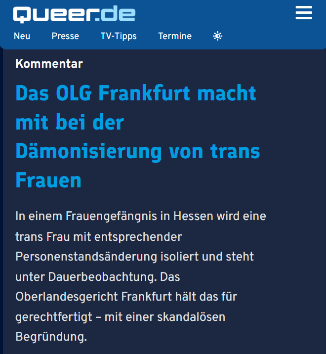 mtaushb's tweet image. Bei einer Isolierung von @MarlaSvenjaL in der JVA Chemnitz hätte queer de ganz sicher nicht protestiert. 

Worin besteht der Unterschied? Operiert sind beide Damen nicht.

Link im Kommentar