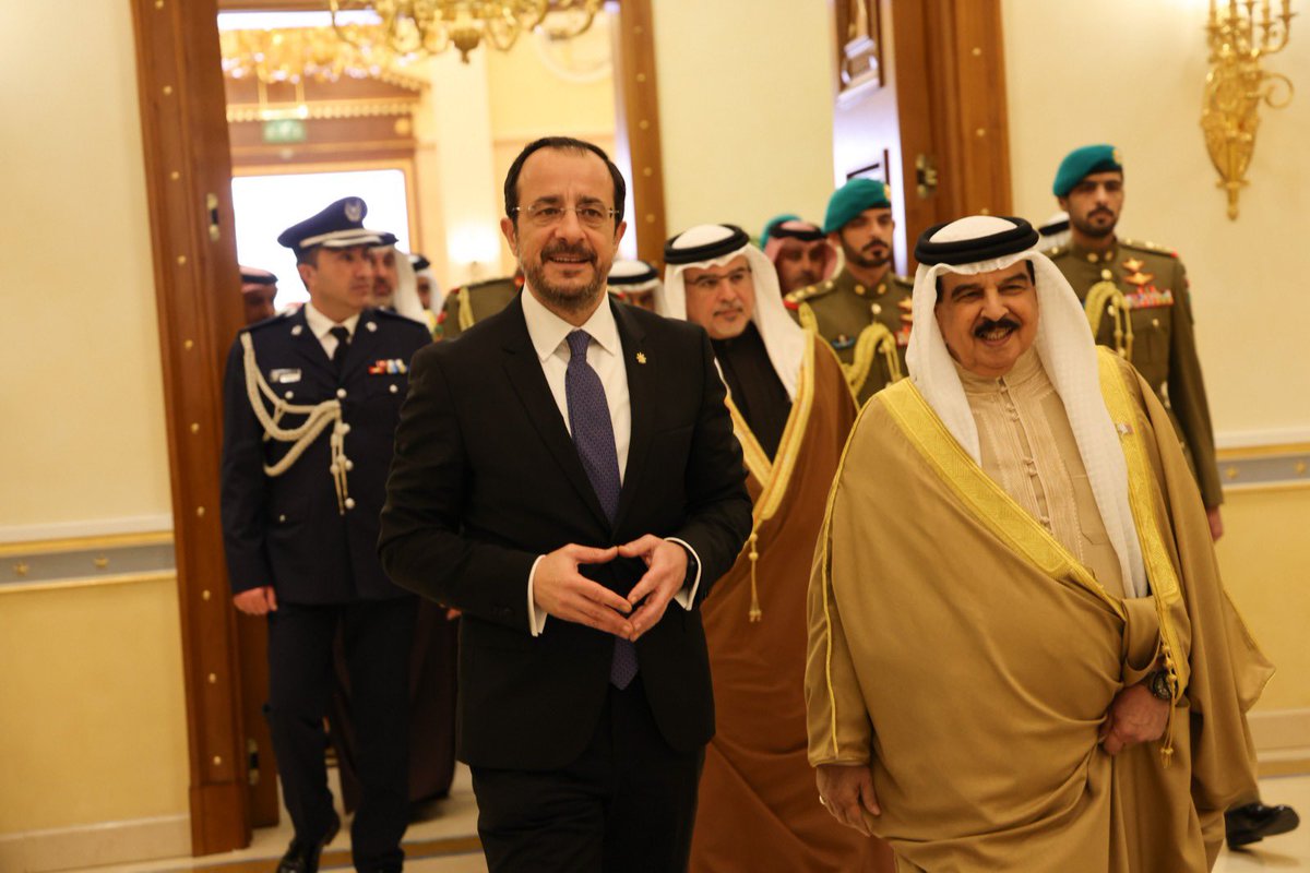 Christodulides's tweet photo. It is a profound honour and a great privilege to be visiting the Kingdom of Bahrain and meeting His Majesty. This state visit is both symbolic and substantial. It is a clear reflection of our shared determination to further strengthen the Cyprus - Bahrain relationship at all levels - political, strategic and economic. 

🇨🇾🇪🇺🇧🇭