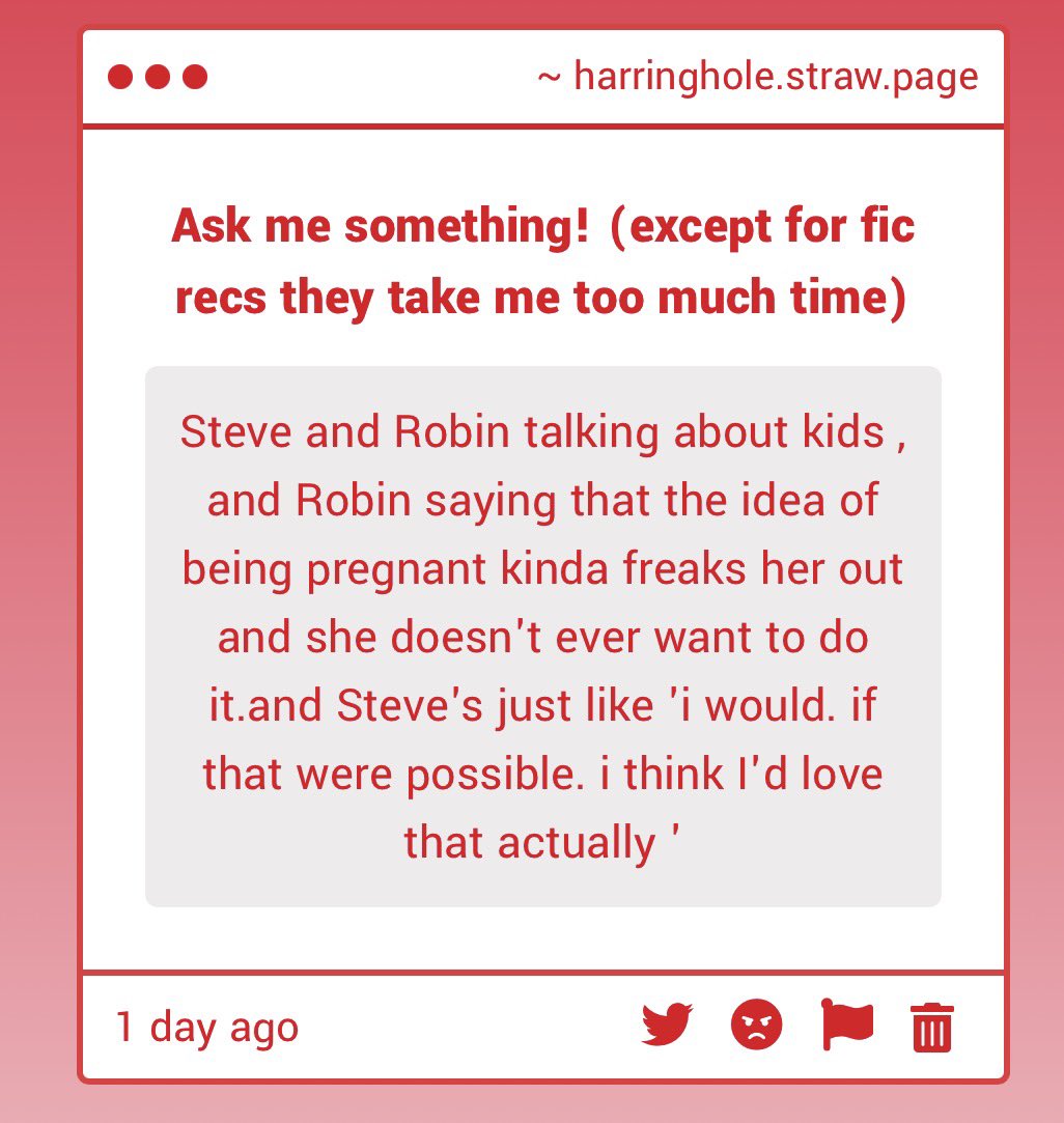 he’s also so confident in the way he says it. robin is like …huh. yeah. then it’s a pity you can’t get pregnant. kickstarts a crisis of steve having to deal with both the fact that he would actually love to be pregnant and that he physically can never be