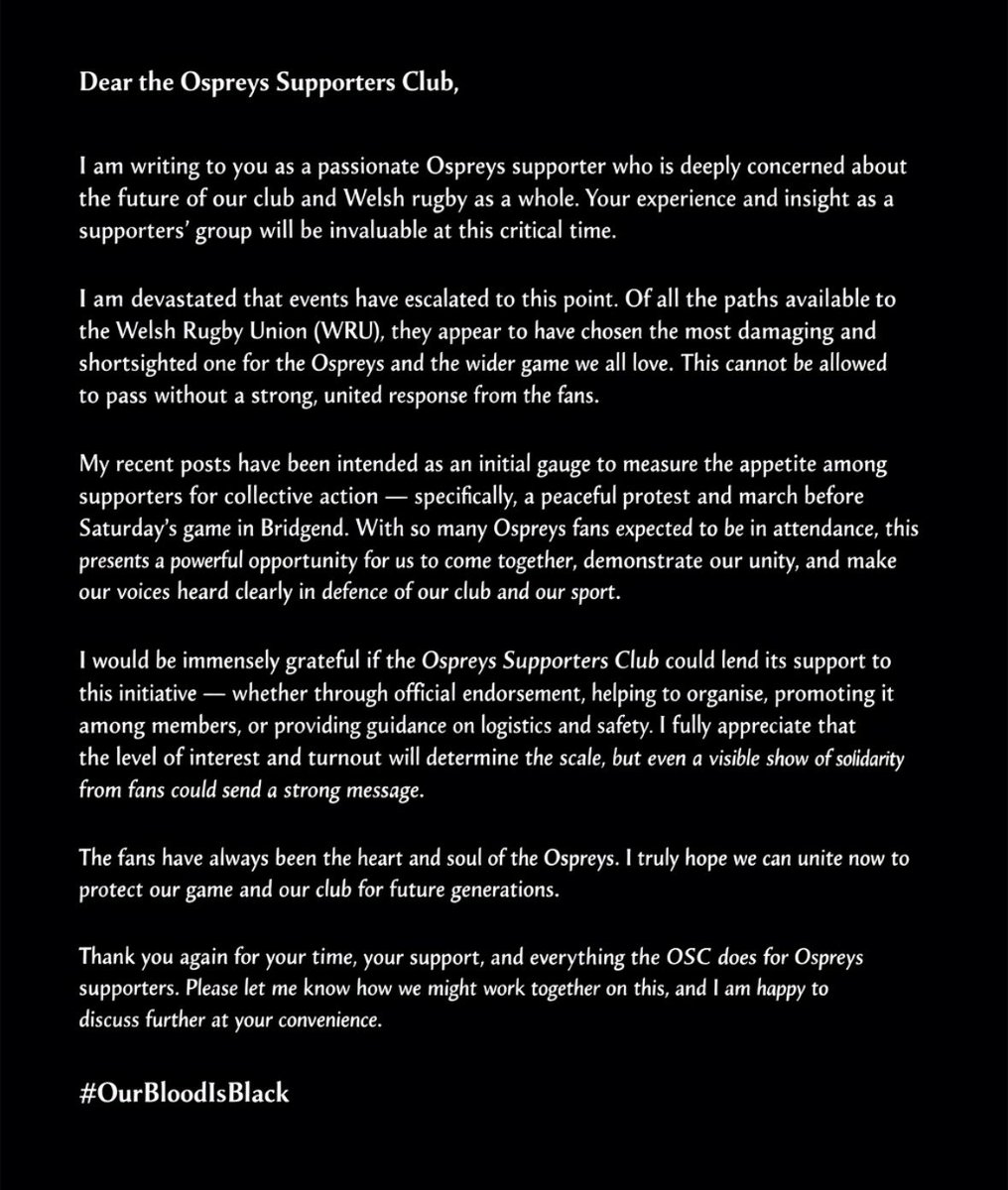 CraigosP1's tweet photo. An open letter. Please share and repost. I'm just a fan trying to build momentum to protect the game we love.

@OspreysSC @TorstenBell @ospreys @BlckFeatherPod @OspreysPodcast @welshclubrugby @WelshRugbyUnion @WalesRugby 

#ProtectOurGame https://t.co/7DBgNvqAds