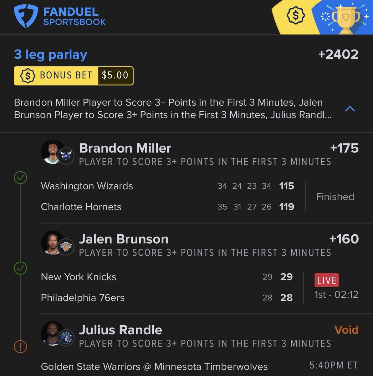 _PropDoctor's tweet image. Cashed our 3 points, 3 min lotto with the void of Randle

Overall day -0.48u

Still down some on the month but that’s the 6th lotto we’ve cashed this week

NFL &amp;amp; NBA Today

Let’s cash a 7th!

#GamblingX #NBA #NFL