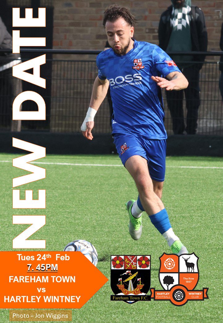 Diaries out, rearranged fixture date to scribble in⬇️

<a href="/IsthmianLeague/">The Pitching In Isthmian League</a> South Central

<a href="/farehamtownfc/">Fareham Town FC</a> vs <a href="/HartleyFC/">Hartley Wintney FC</a> 

🗓️Tues 24th Feb
📍PO14 1BJ
⏱️7.45pm ko

#UTR🧡💙