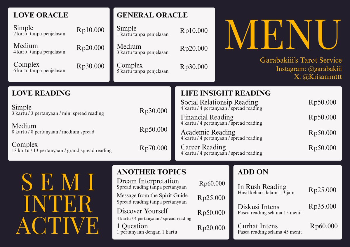 Krisannnttt's tweet image. [INA vers]

Tabik. Namaku Garabaki atau biasa dipanggil Krisan Aku telah membaca pesan-pesan itu sejak 2011, memandu mereka yang siap menyibak rahasia hidup dan membantu mereka yang butuh pencerahan. 

Bahkan, membantu mereka yang hanya sekadar penasaran dengan apa kata kartu.