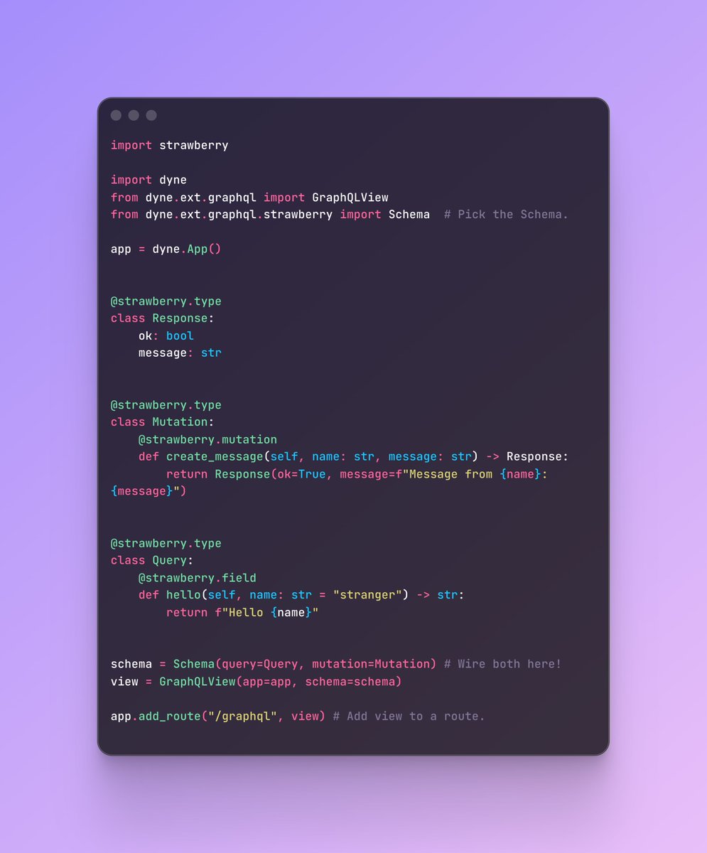 KevinTabot's tweet photo. Did you know Dyne has first-class support for GraphQL? 🕸️

Whether you prefer the modern type-hints of Strawberry or the classic feel of Graphene, Dyne provides a seamless GraphQLView. You get a built-in GraphiQL interface for testing and direct access to request/response objects in your resolvers.
Pick a backend, wire your Query and Mutation into Dyne’s Schema, add a route to your view. That’s it!

Query, Mutate, and explore your API: https://t.co/b1GC3iMpLH
#Python #GraphQL #Backend #WebDev #DyneFramework #Strawberry #Graphene