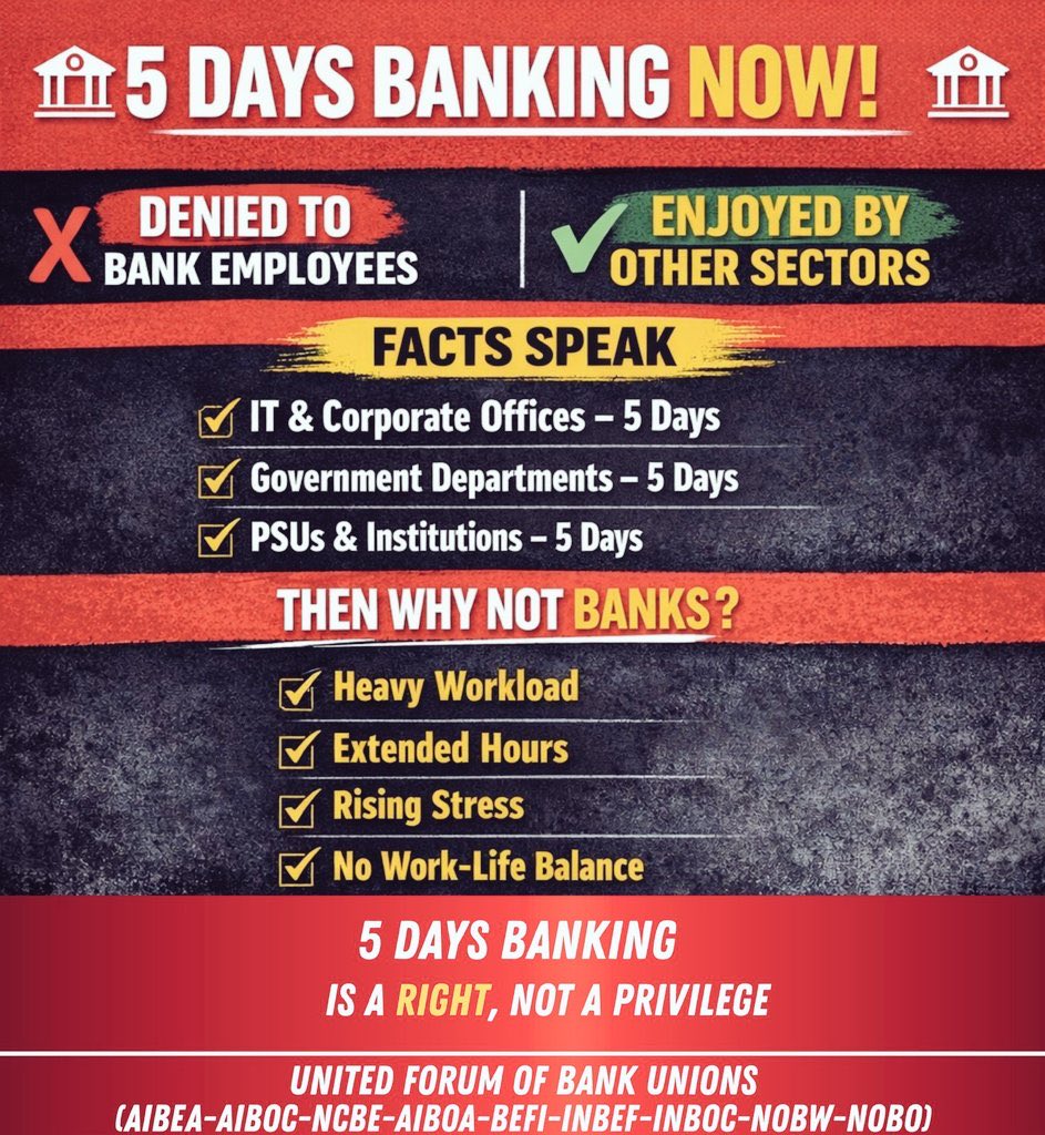 #BankersDemand5DayWeek

<a href="/DFS_India/">DFS</a> <a href="/nsitharaman/">Nirmala Sitharaman</a> <a href="/nsitharamanoffc/">Nirmala Sitharaman Office</a> <a href="/ChairmanIba/">Chairman IBA</a> <a href="/ChiefIba/">IBA_Chief_Executive</a>