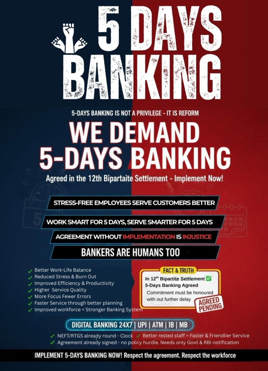 Bank employees power India’s financial stability, inclusion, and growth—often at the cost of their own well-being. A 5-day work week is not a concession; it’s a long-pending reform. The commitment is on record. It must be implemented.
#BankersDemand5DayWeek 
#AIBOC 
<a href="/fboioa_india/">Federation of Bank of India Officers' Associations</a>
